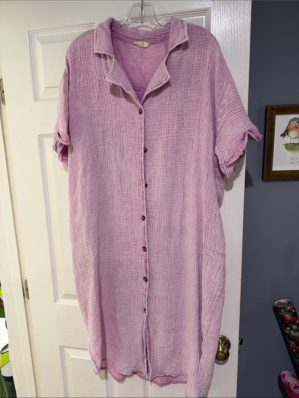 Easel Relaxed Button-Front Light Pink Cotton Gauze/ Muslin Dress